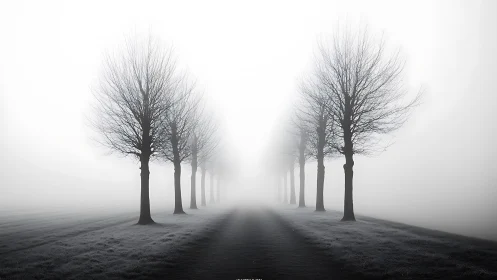 Symmetrical winter trees aligned along foggy rural path.