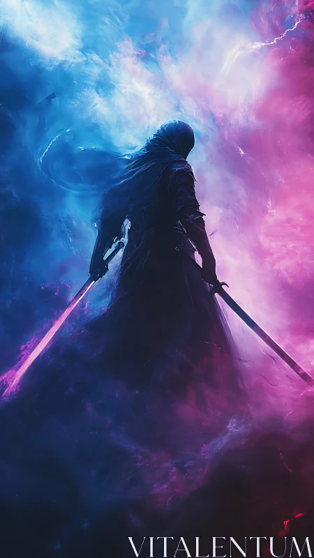 Mystic swordsman walks between swirling pink and blue light.