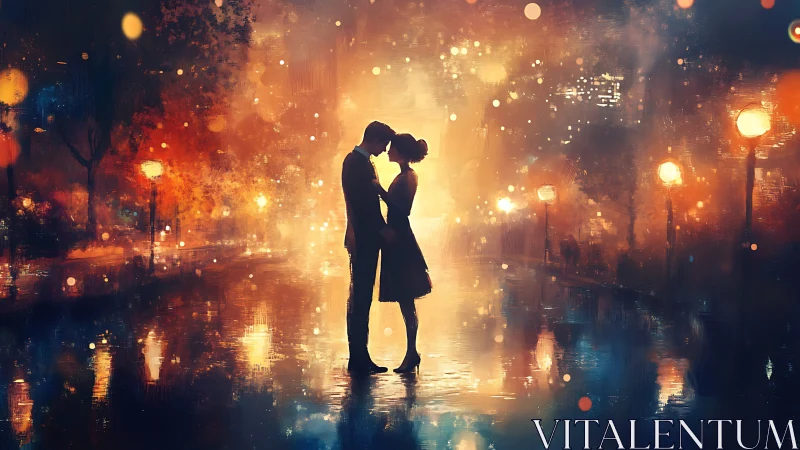 Urban Silhouette Embrace: Rain-Soaked Couple Against Nocturnal Cityscape.