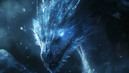 Cryogenic blue ice dragon head in cinematic close-up profile