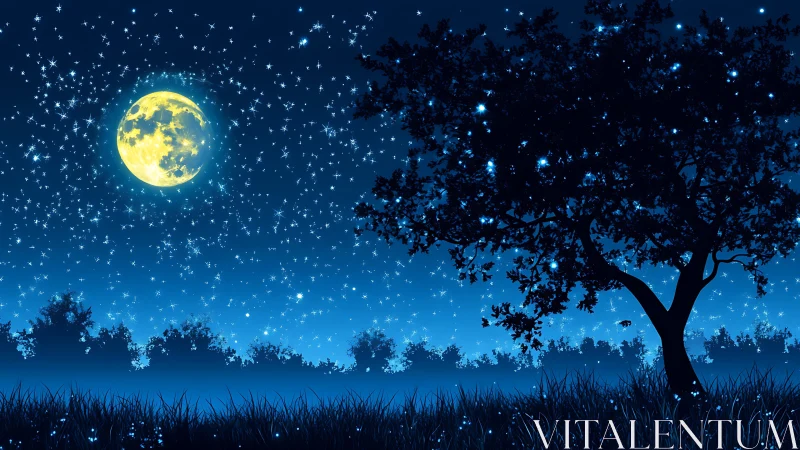 Full moon dominates star-drenched nocturnal meadow sky.