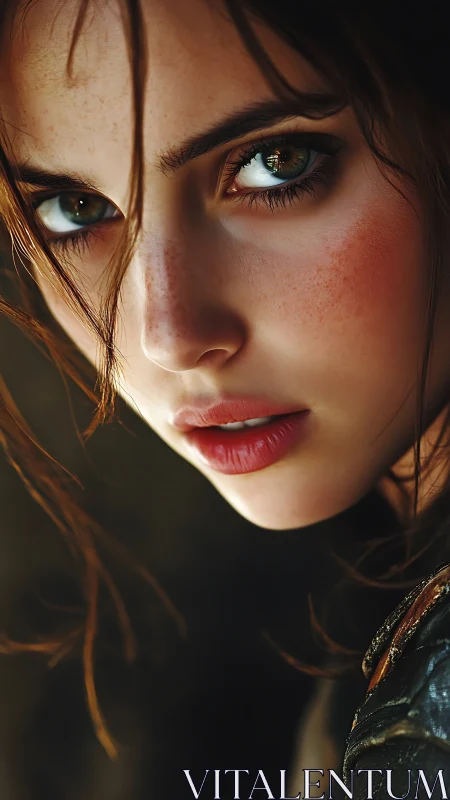 Resolute warrior close‑up with cinematic, freckled gaze.