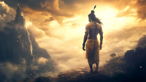 Solitary robed figure on cliff amid clouds and sunset sky.