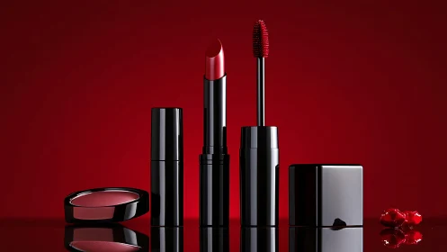 Red lipstick and gloss set on reflective red background.