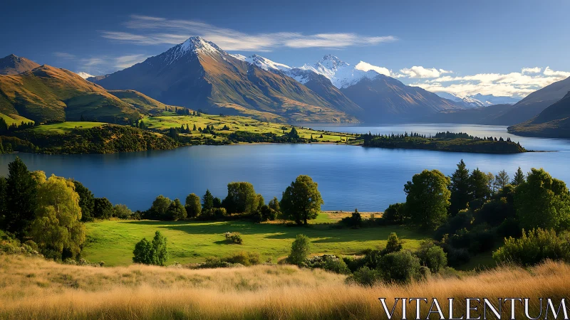 Snowcapped alpine peaks over vivid lakeside pastures at noon.