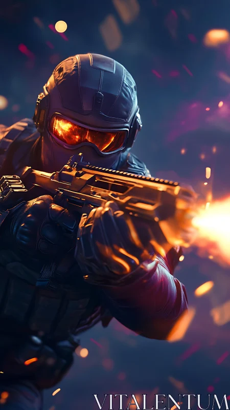 Tactical cyber-soldier firing rifle in blazing bokeh combat.