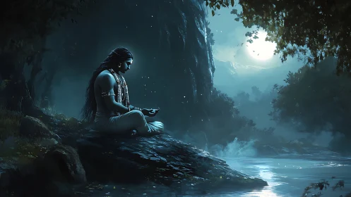 Moonlit ascetic meditates by misty forest riverbank at dusk.