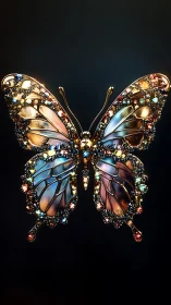 Jeweled metallic butterfly ornament on dark background.