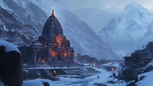 Snow covered mountain temple complex emits structured warm light