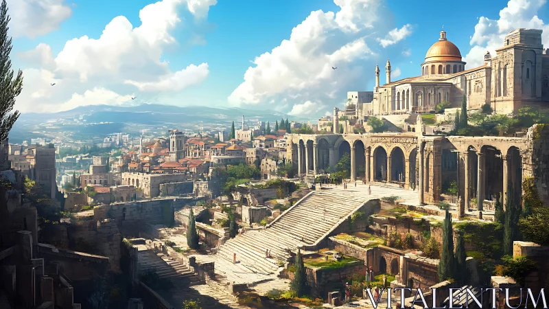 Sunlit hilltop city unfolds around grand stone terraces