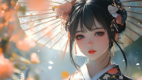 Elegant anime girl in kimono with parasol and blossoms.