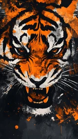 Roaring tiger face erupts in bold orange paint splashes.