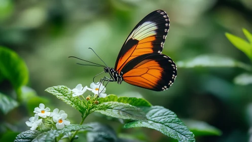 Orange and black butterfly rests on green leaf with flowers