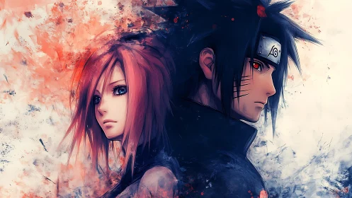 Striking anime duo stand back to back in swirling colors