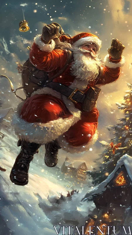 Soaring Santa in luminous snowy village nightscape.