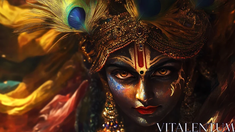 Mythic deity portrait with jeweled crown and peacock plumes.