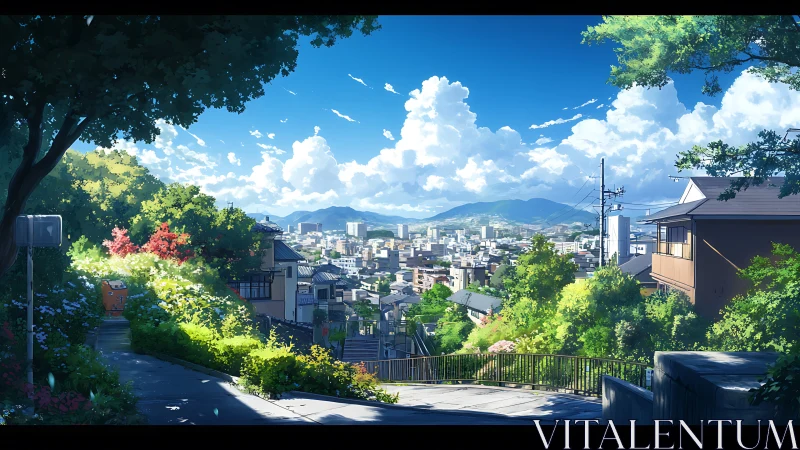 Sunlit hillside lane overlooking a dreamy summer cityscape.