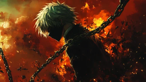 Masked figure in chains against combustive inferno backdrop.