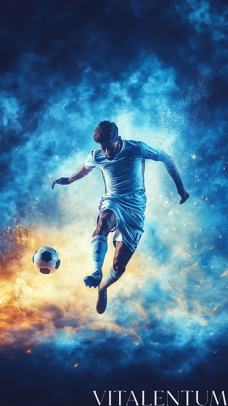 Digital painting of explosive soccer kick in dual-color nebula field.