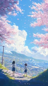 Two students overlook spring city under pink sakura sky.