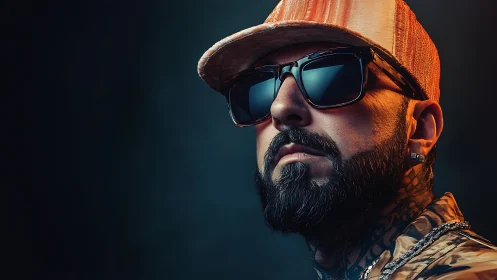 Male subject in cap and sunglasses under studio lighting.