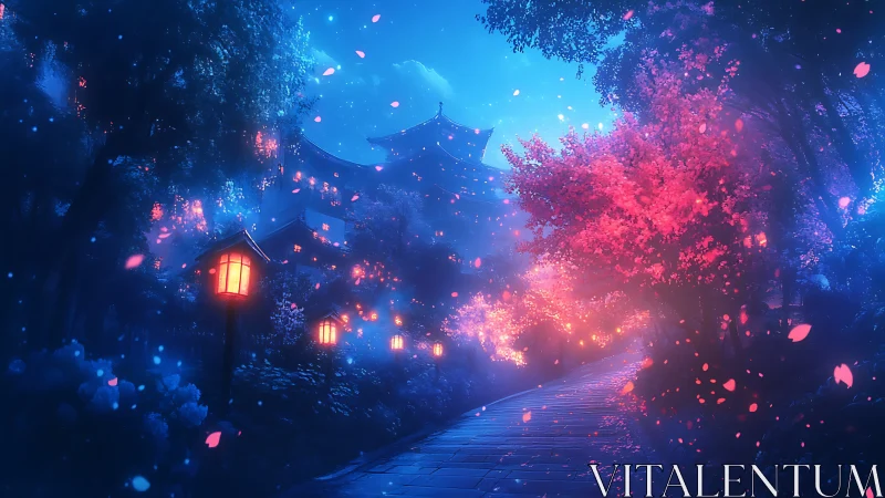 Moonlit shrine path where cherry blossoms quietly glow.