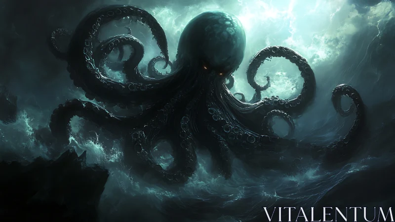 Colossal cephalopod entity emerging from storm sea at night.