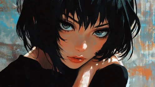 Intense close-up portrait of teal-eyed girl, painterly anime