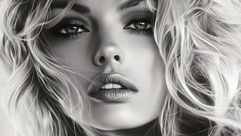 Close-up grayscale digital portrait of woman’s detailed face