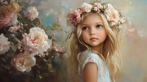 Dreamy blonde child amid romantic roses in soft pastels.