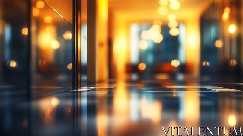 Gleaming lobby hush with blurred lanterns of evening light.