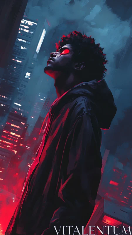 Hooded urban figure with red neon highlights at night.