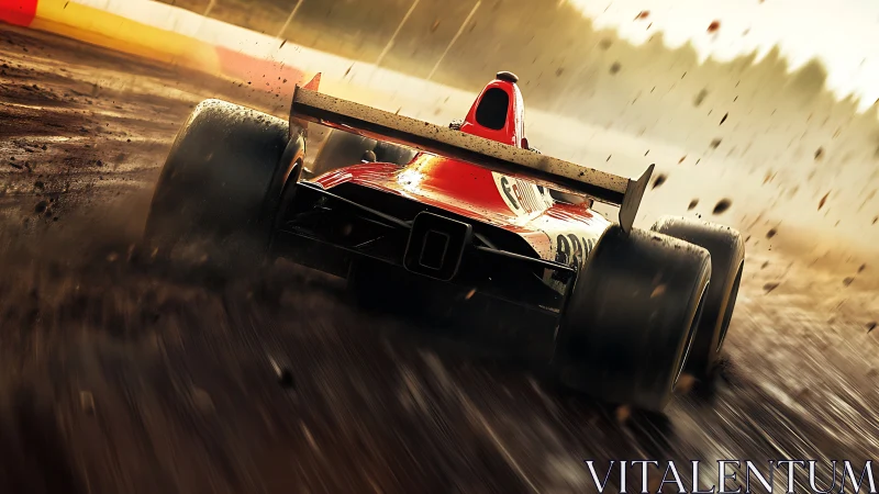 Red formula racer carving chaos through a rain-slick track.
