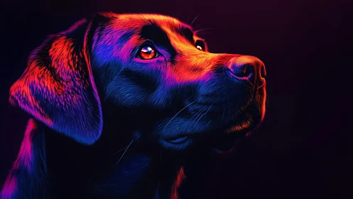 Neon-lit dog portrait glowing with quiet, hopeful wonder.