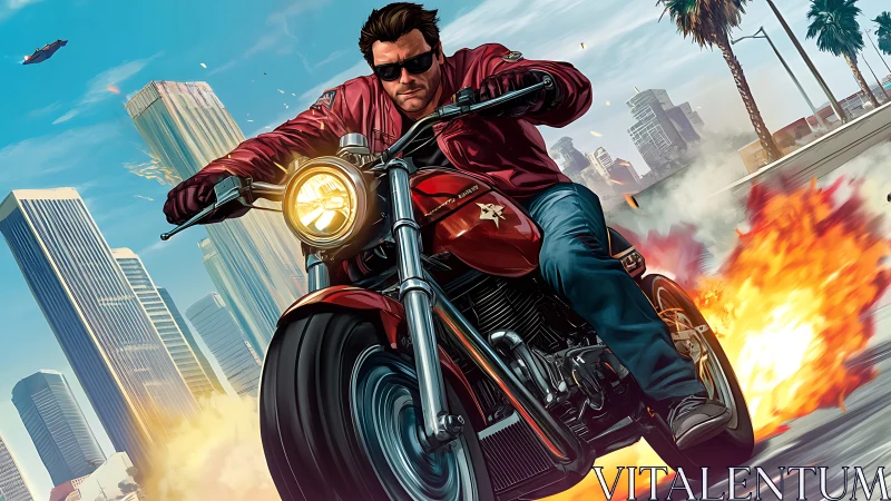 Rebel rider storms flaming freeway in neon city rush.