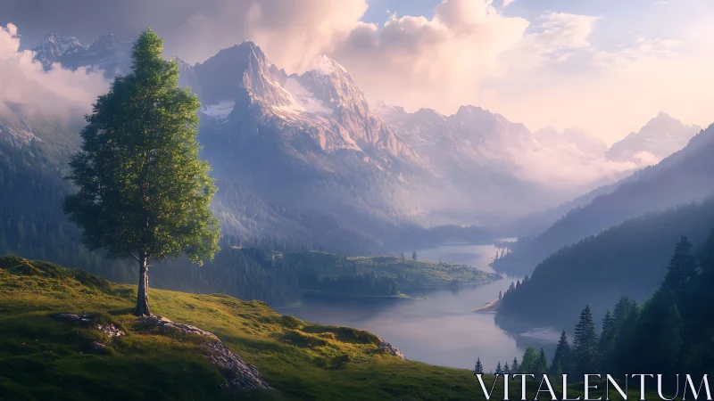 Solitary birch above misted alpine lake and sunlit granite peaks