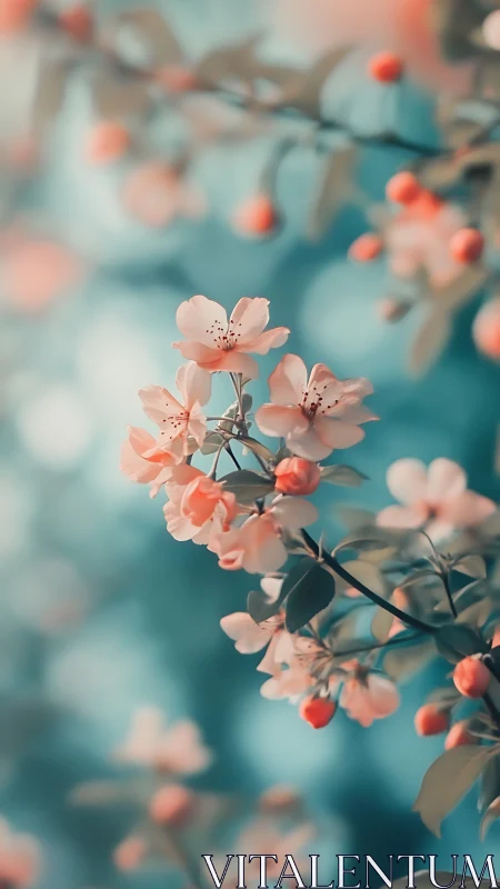 Blurred flowering branch with coral blooms and buds.