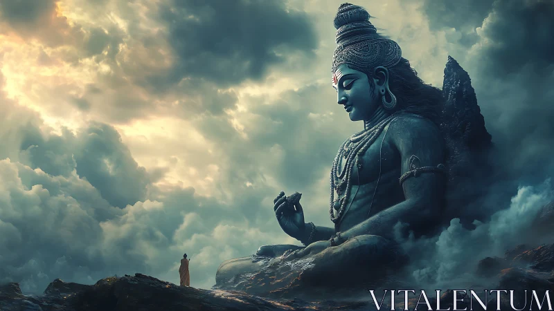 Colossal meditative deity amid volumetric storm cloudscape.
