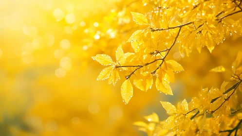 Golden autumn leaves glow gently in warm morning sunlight