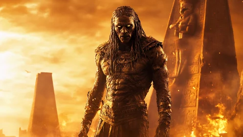 Armored humanoid figure in burning ancient monument setting.