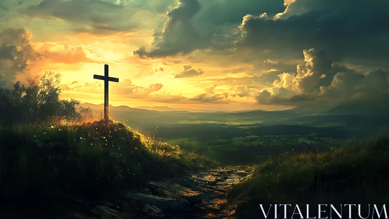 Wooden hillside cross under dramatic sunset sky over valley.