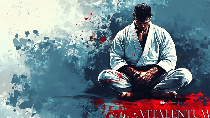 Martial artist in meditative focus amid abstract energy