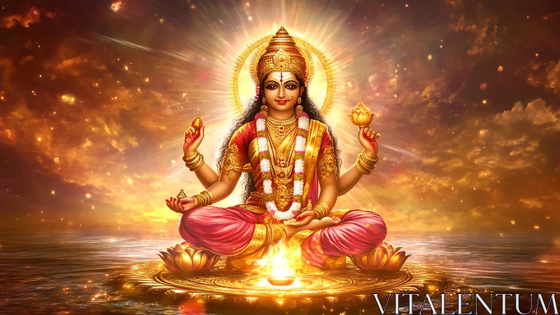 Seated four-armed deity on lotus over reflective water plane.