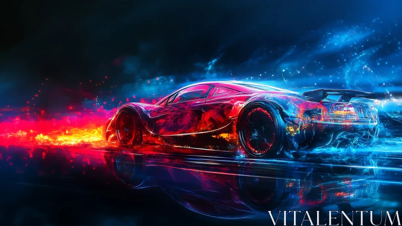 Cyberpunk hypercar in bifurcated neon plasma motion study.