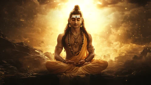Divine yogi in luminous meditation over celestial landscape.
