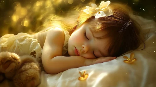 Sleeping child surrounded by golden light and ethereal flowers
