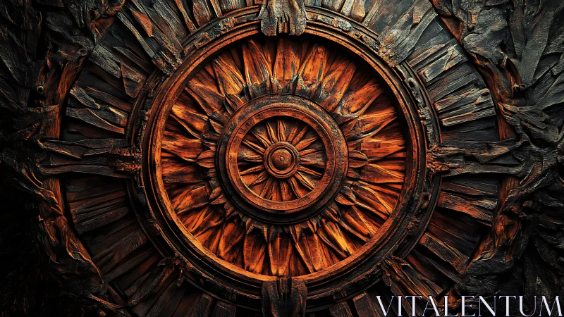 Weathered wooden sunwheel glowing with rustic warmth.