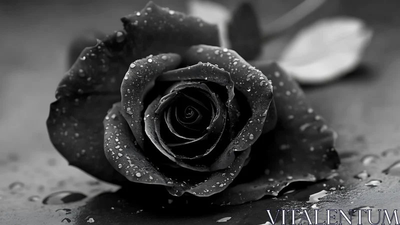 Close-up black rose with water droplets on petals.