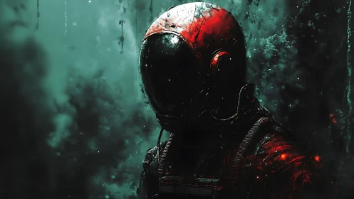 Figure in red-encrusted spacesuit stands in dark teal mist