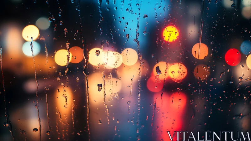 Raindrops on window with blurred urban night lights.